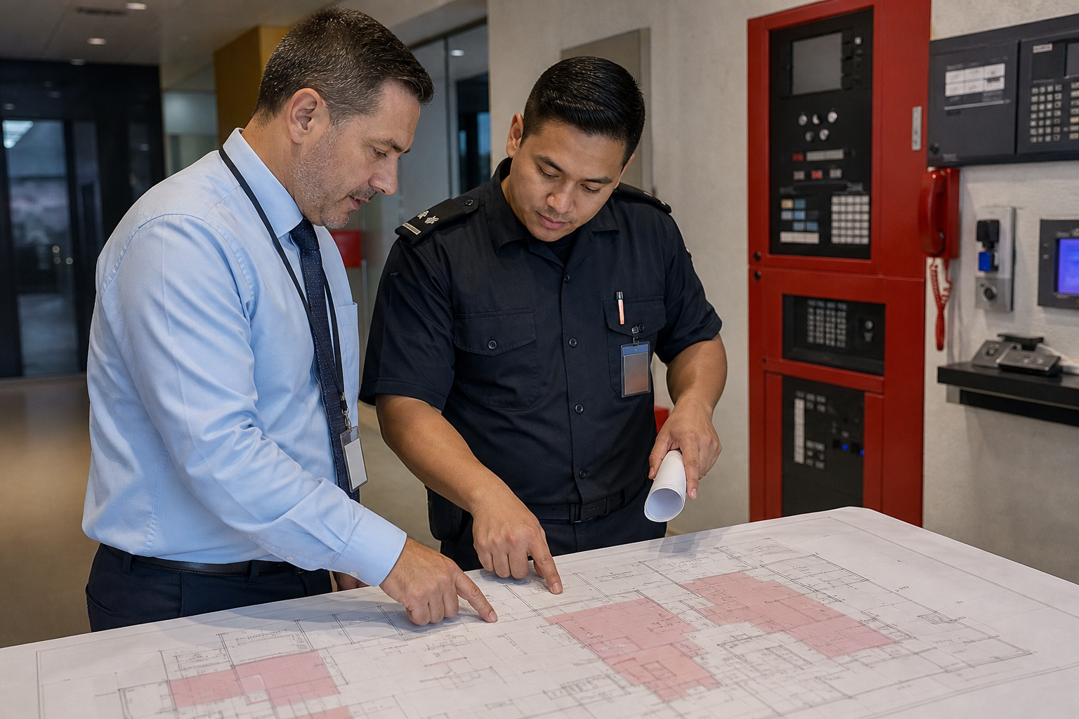 Fire guard and building engineer reviewing the affected area of a fire protection impairment