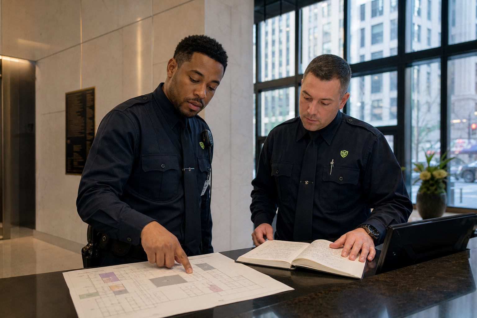 Two fire guards reviewing the patrol route during a relief handoff in a Manhattan building