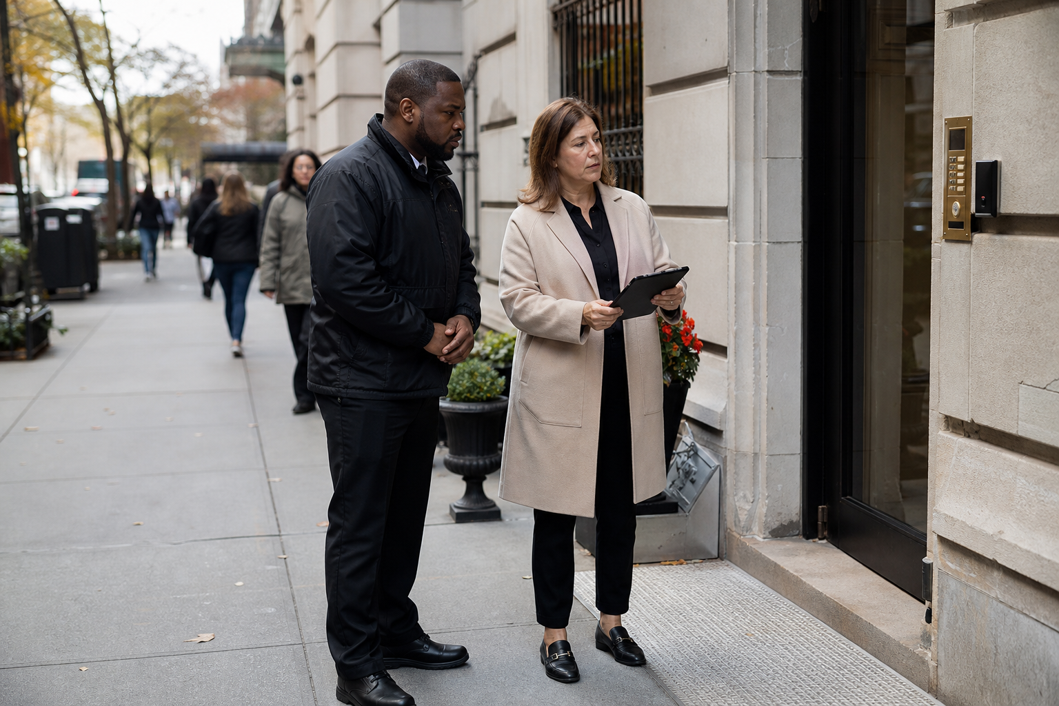 Security officer and property manager reviewing access routes at a Manhattan building before Election Day