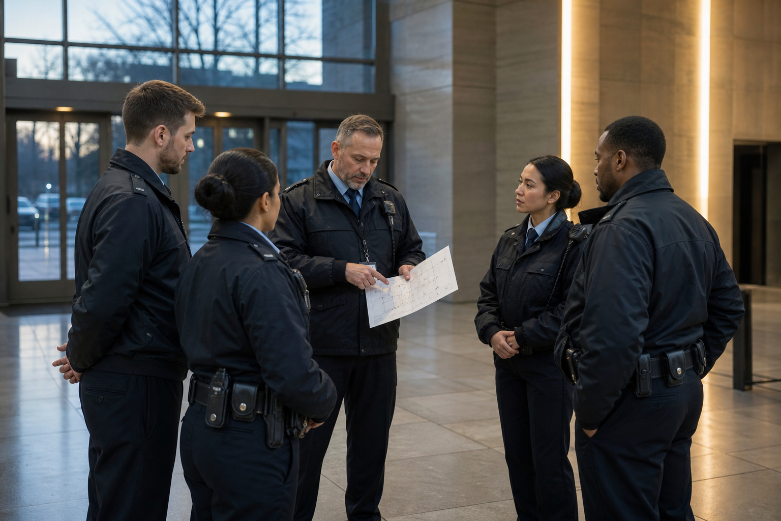 Security supervisor briefing lobby officers on Election Day access procedures