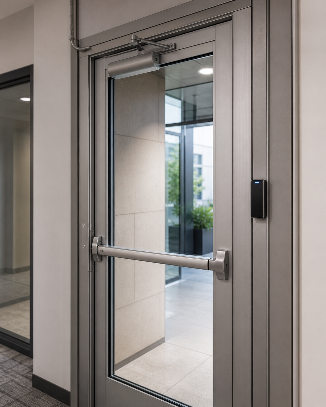 Commercial exit door with interior panic hardware and an exterior access-control reader for free egress and restricted entry.