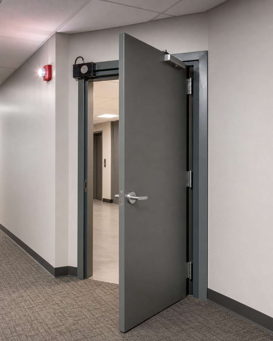Fire-rated corridor door closing after its electromagnetic holder releases during a fire alarm.