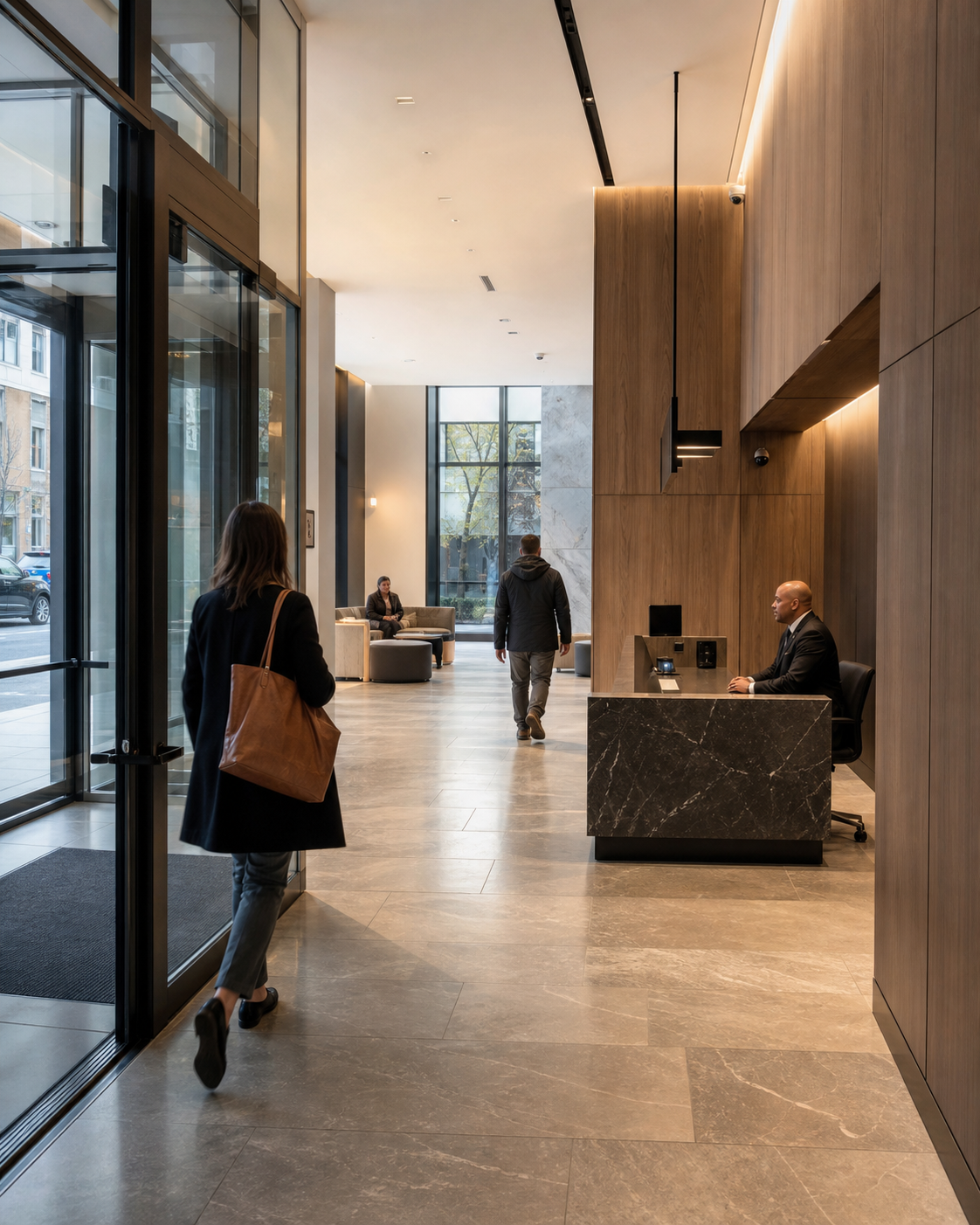 Lobby desk positioned away from the main doors to give the security officer a wider view of arriving visitors.