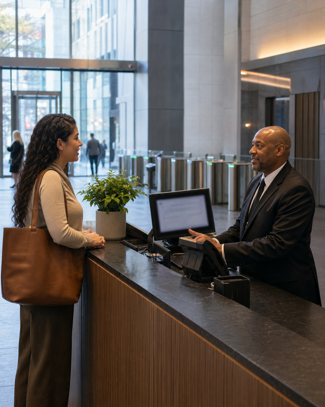 Lobby security guard verifying a visitor’s authorization before allowing access through building turnstiles.