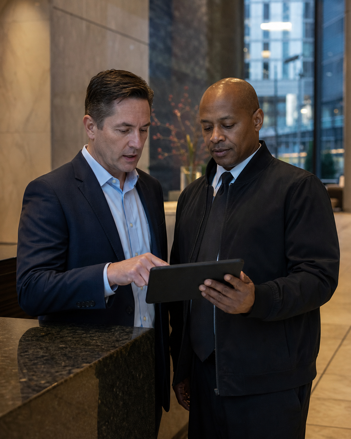 Property manager and security supervisor reviewing guard coverage at a commercial building lobby desk.