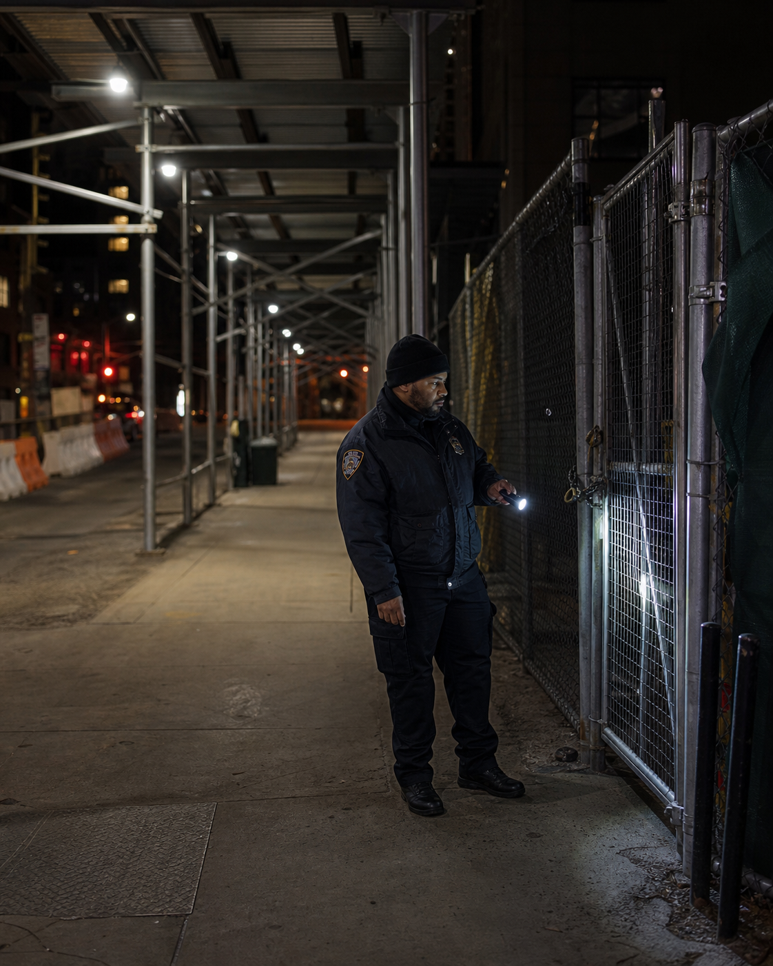 Security guard conducting a nighttime perimeter patrol outside a Manhattan construction site.