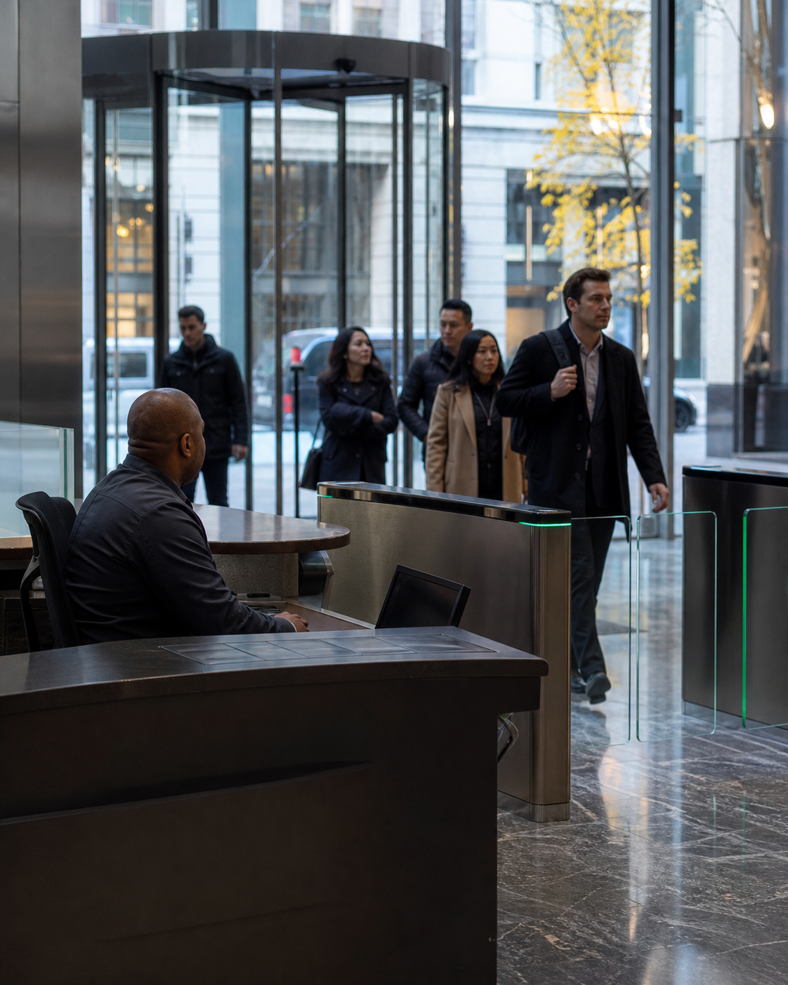 Manhattan lobby showing a staffed reception desk, visitor entrance, and access-control turnstiles during normal operations.
