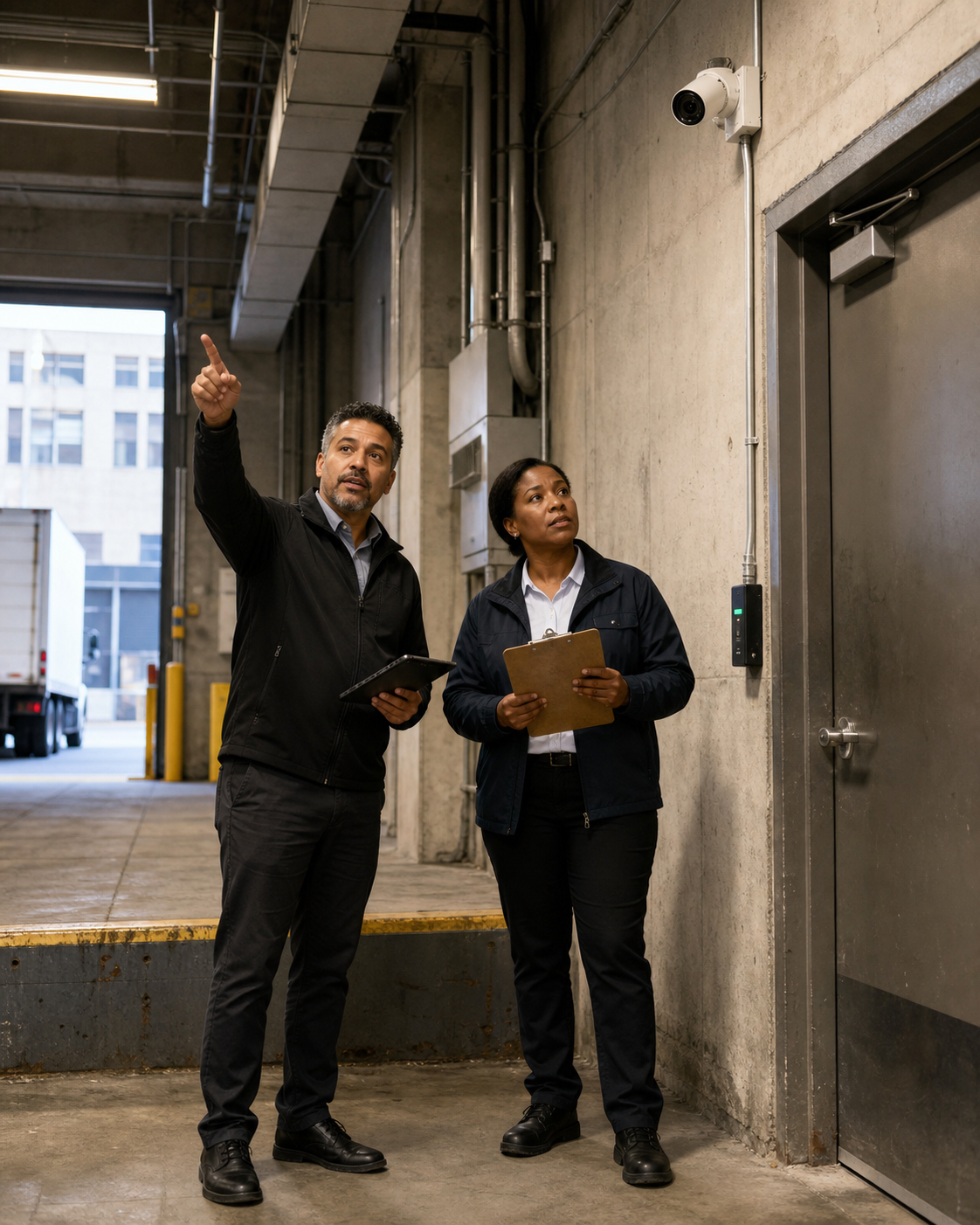 Consultant and building manager reviewing camera coverage and access controls in a New York City loading dock.