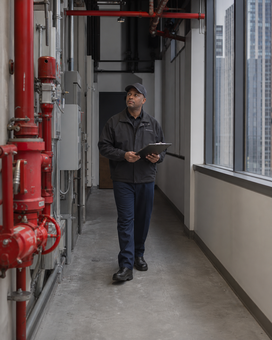 Fire guard patrolling near fire-protection equipment inside a Manhattan commercial building.