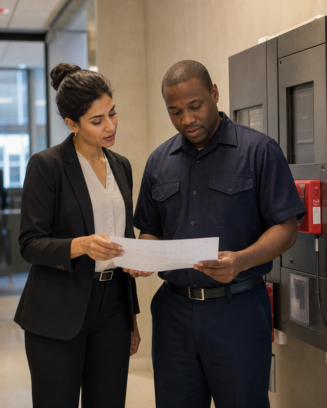 Property manager and fire guard reviewing a patrol plan during a fire-system impairment.