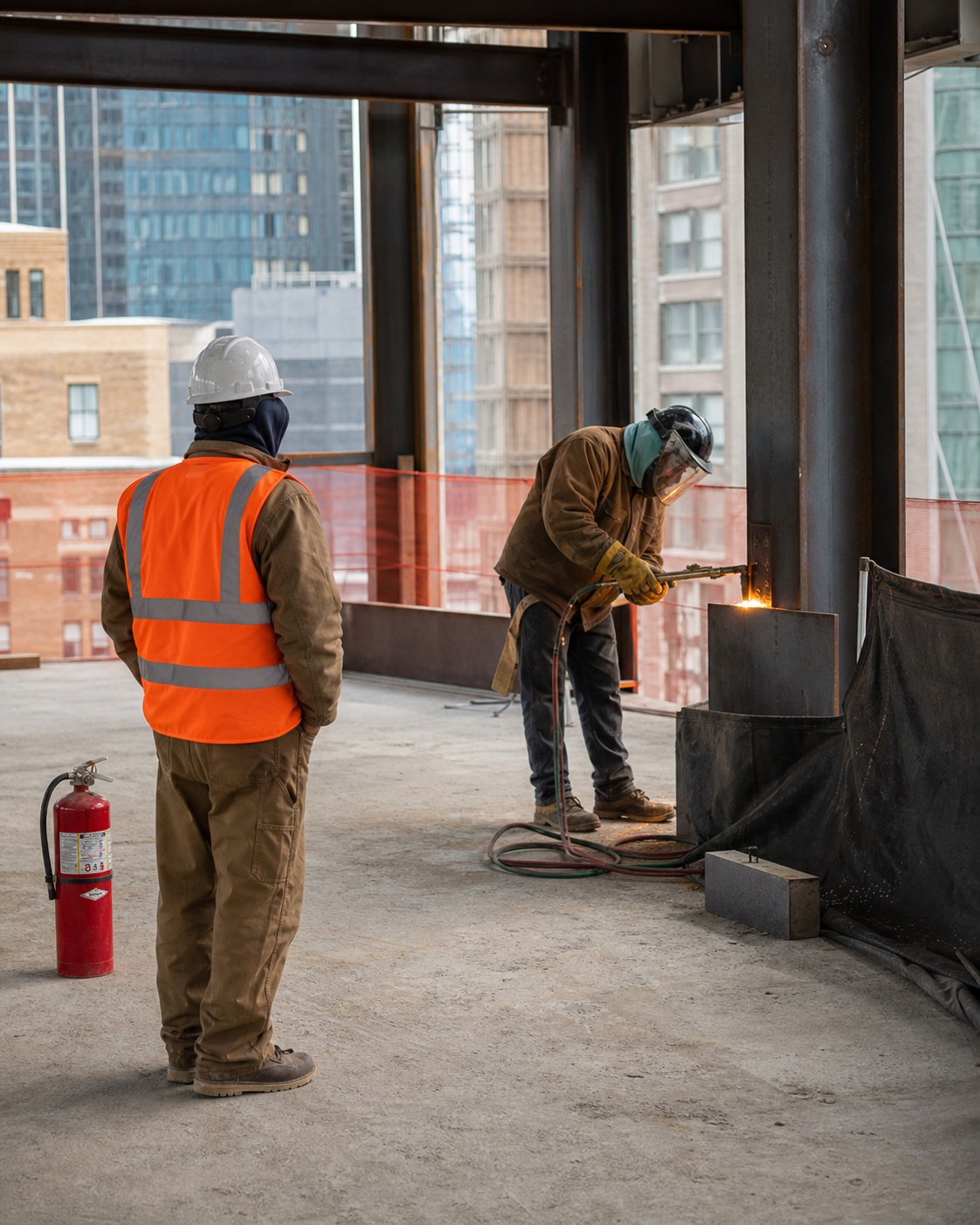 F-60 fire guard monitoring controlled torch work at a New York City construction site.