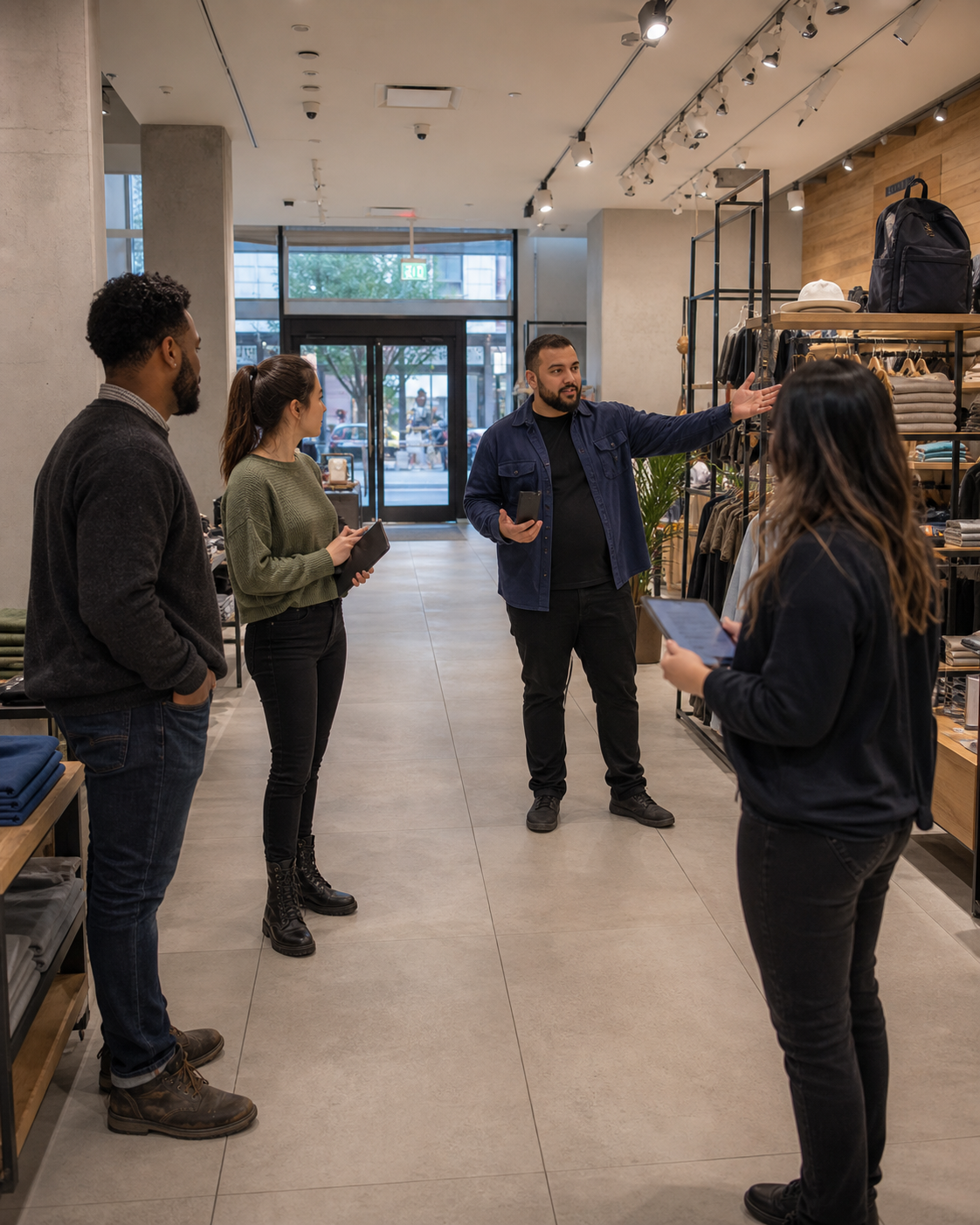 Retail manager and employees reviewing store exits and sightlines during a workplace safety walkthrough.