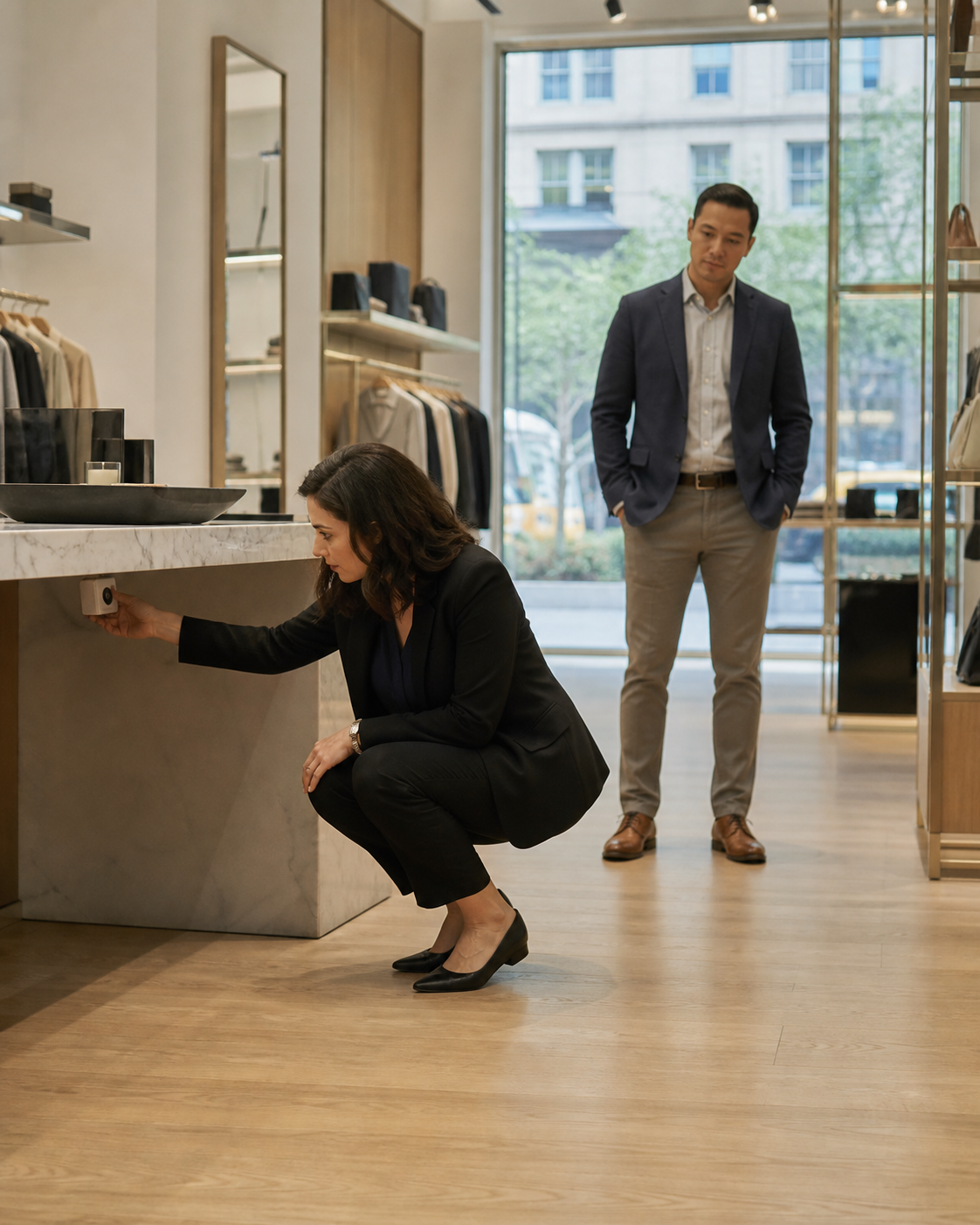 Retail operations manager checking a discreet emergency button beneath a store counter with a security professional nearby.