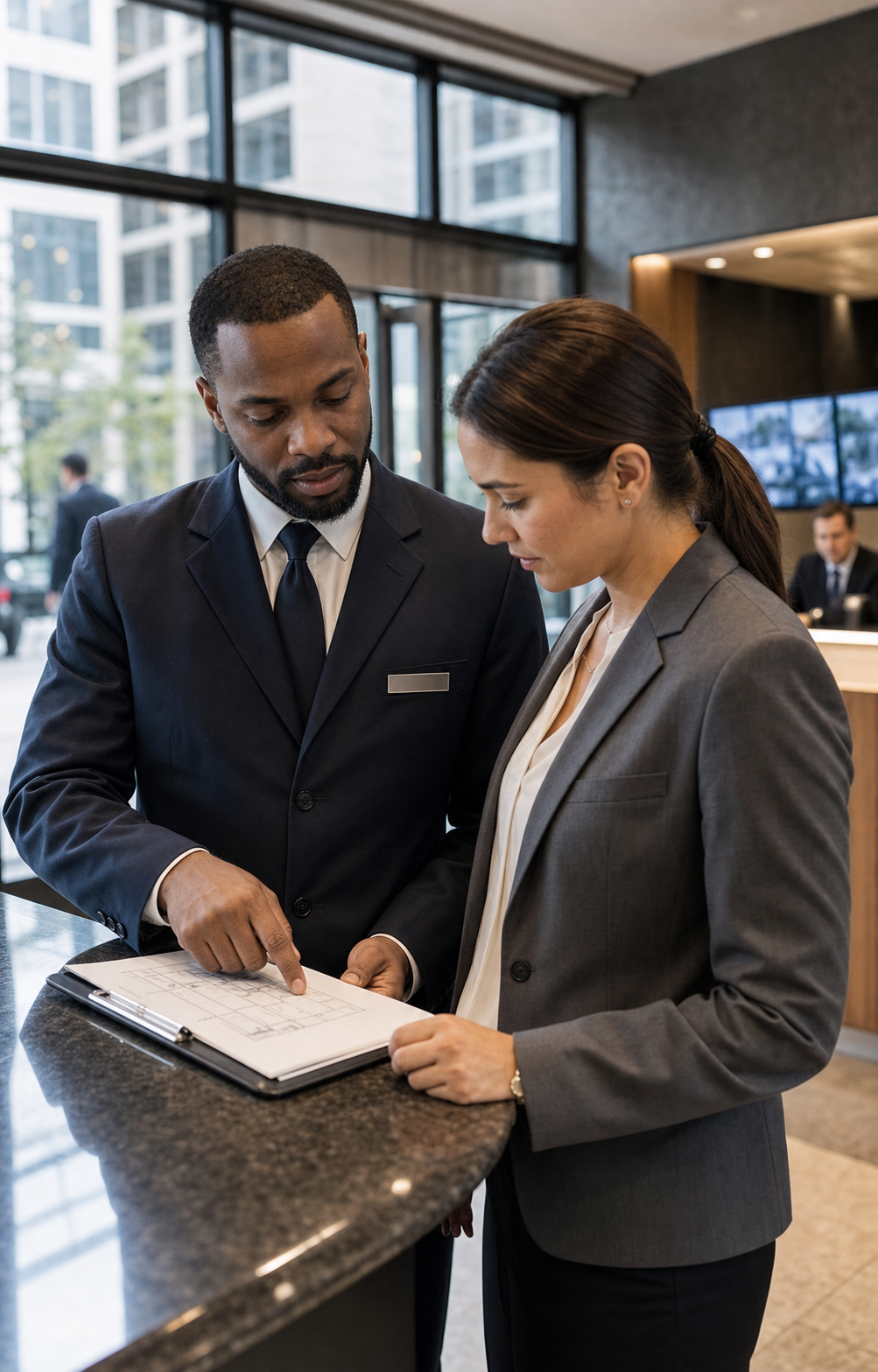 Security supervisor reviewing site procedures with a New York property manager