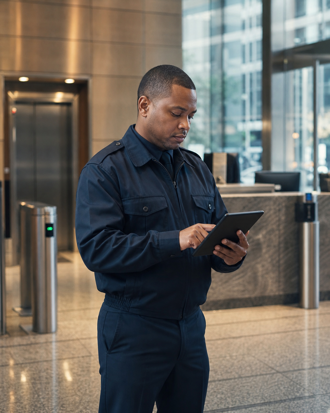 Security officer documenting a completed New York building patrol