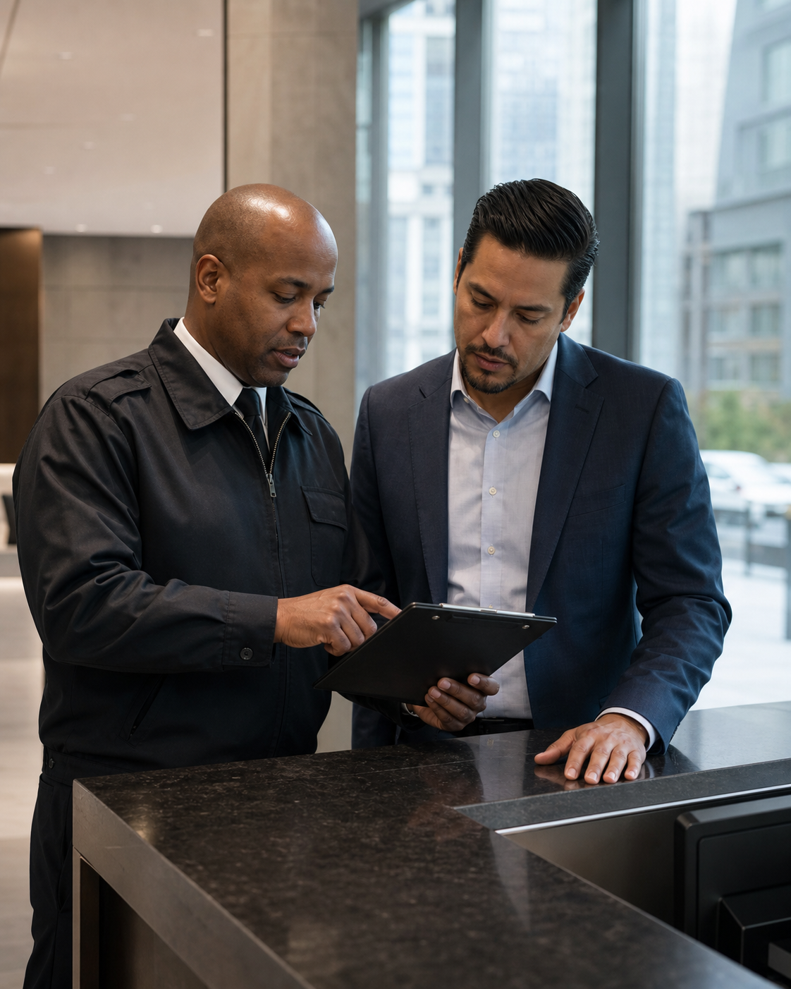 Security supervisor reviewing site procedures with a New York property manager
