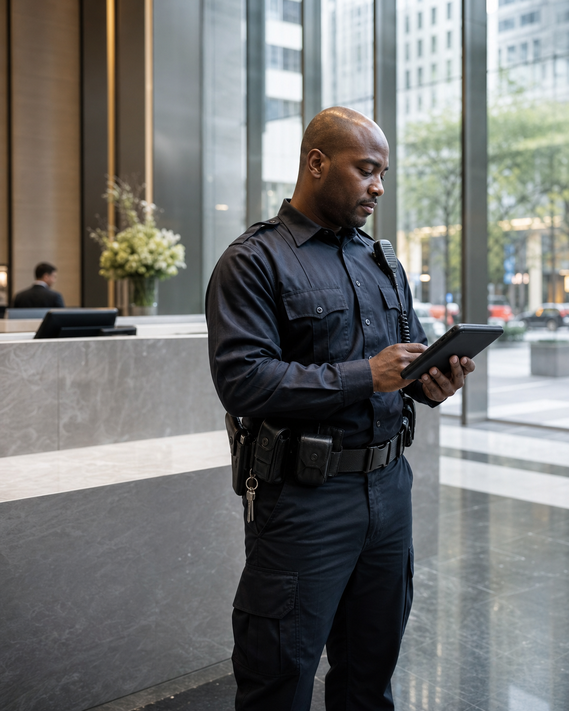 Security officer documenting a completed New York building patrol