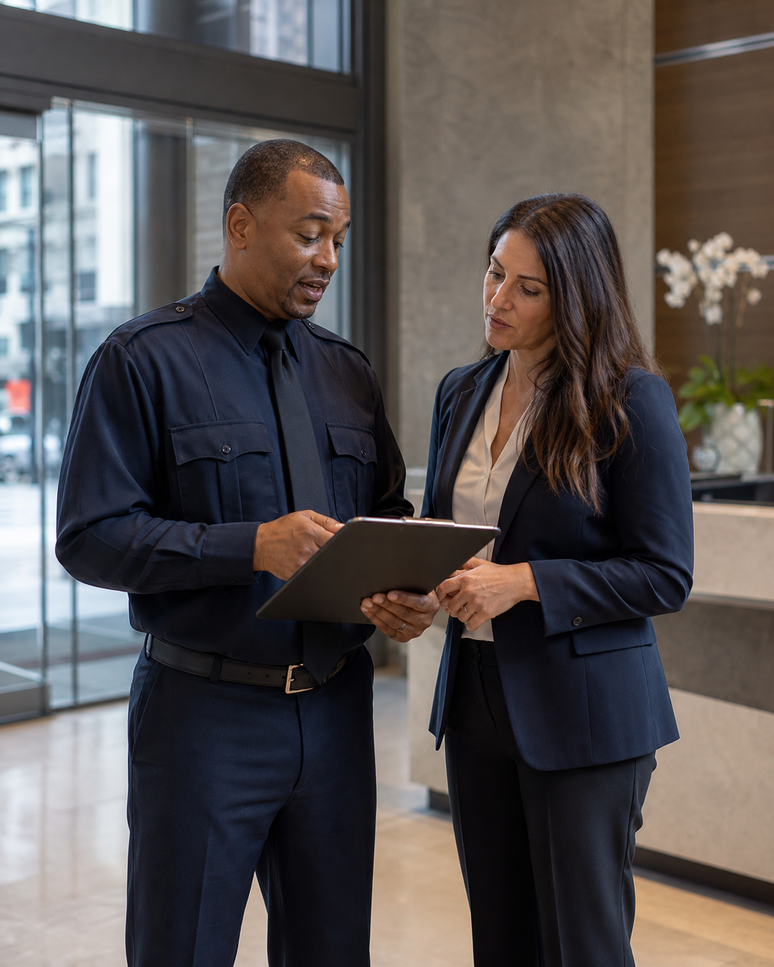 Security supervisor reviewing site procedures with a New York property manager