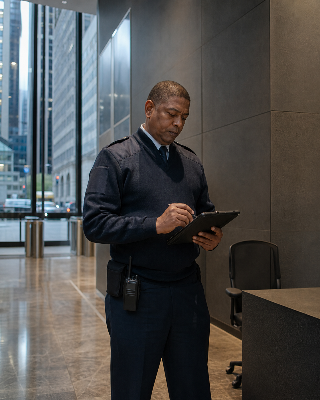 Security officer documenting a completed New York building patrol