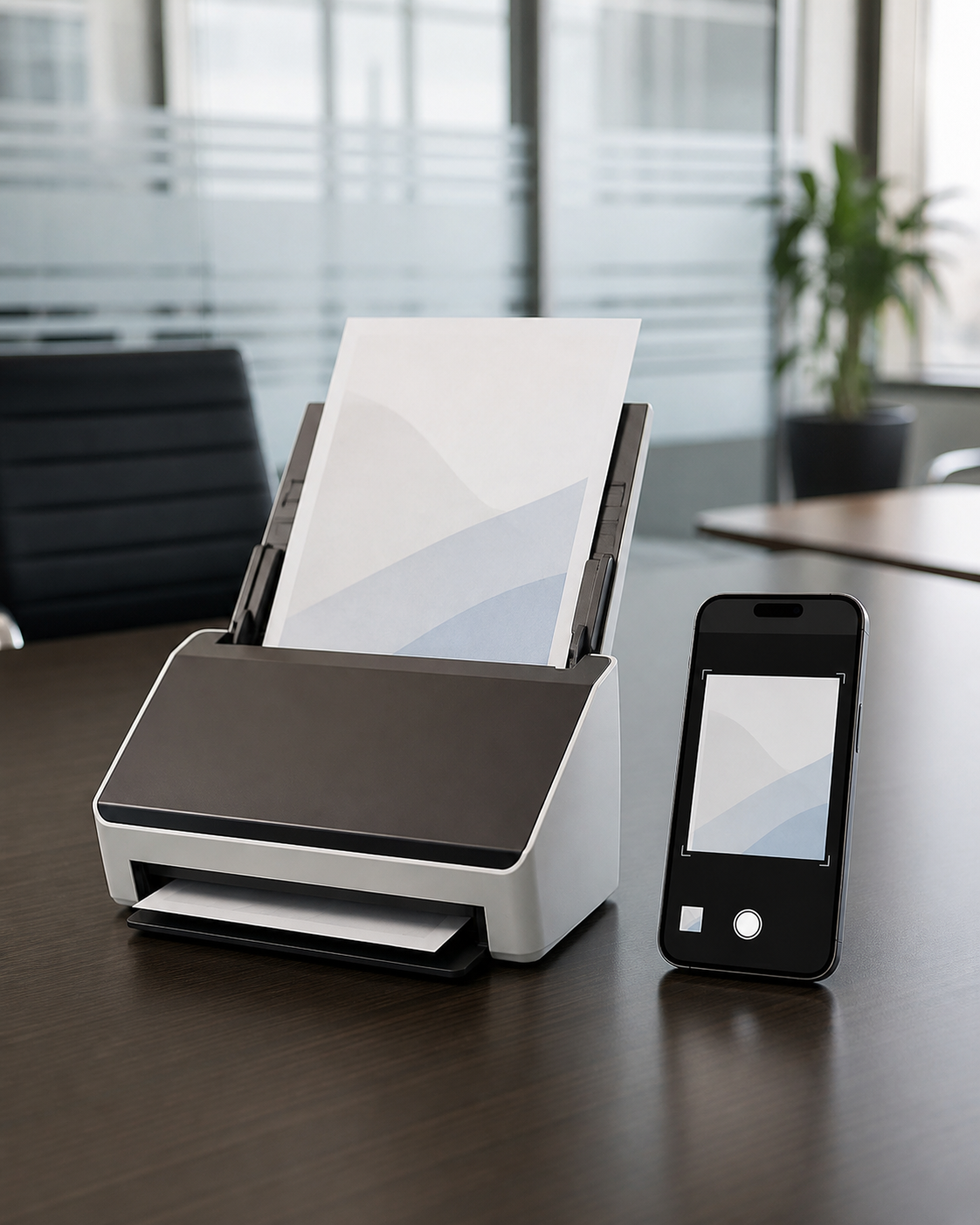 Document scanner and smartphone scanner app shown side by side on an office table.