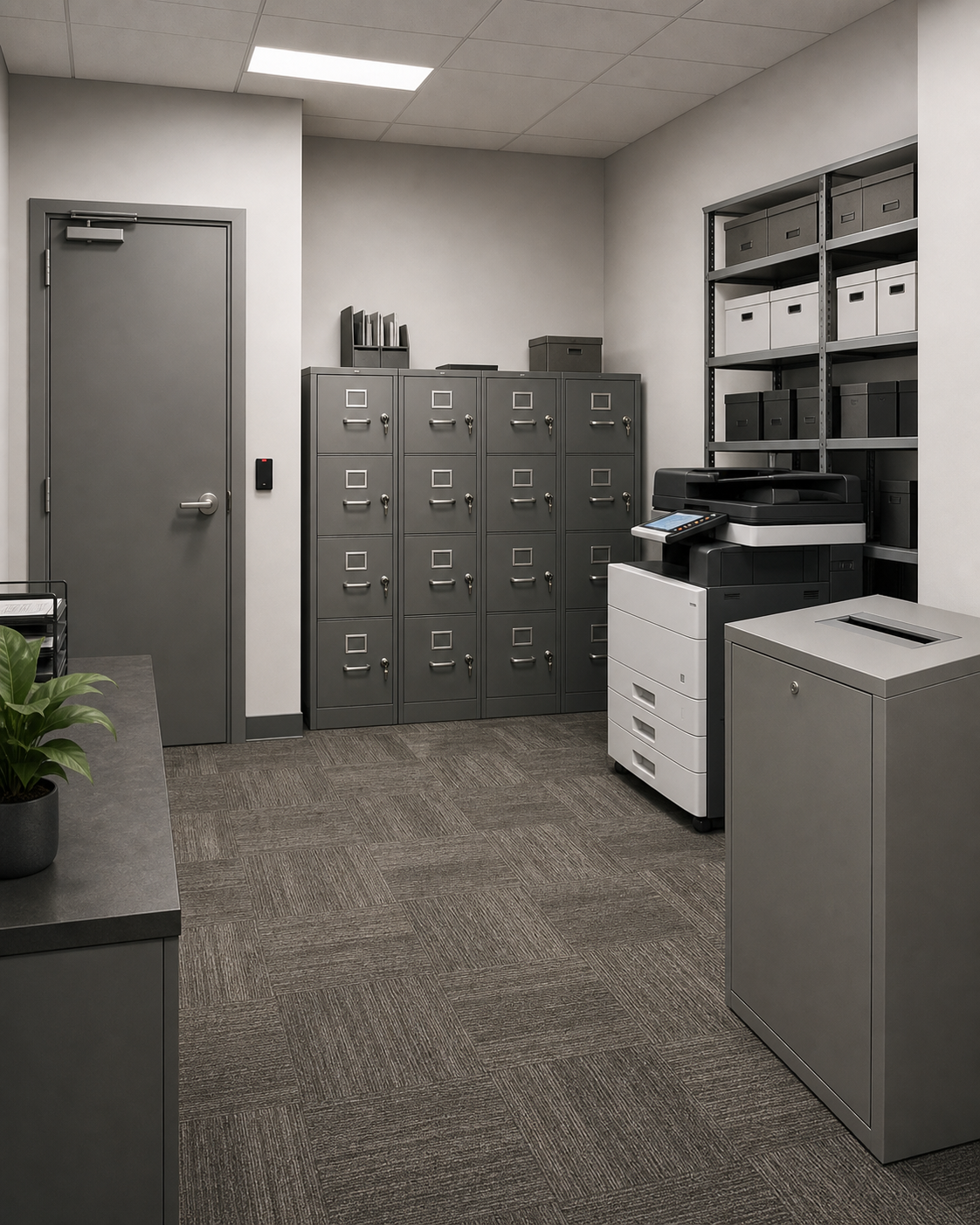Access-controlled office print and records room with locked storage and secure document disposal.