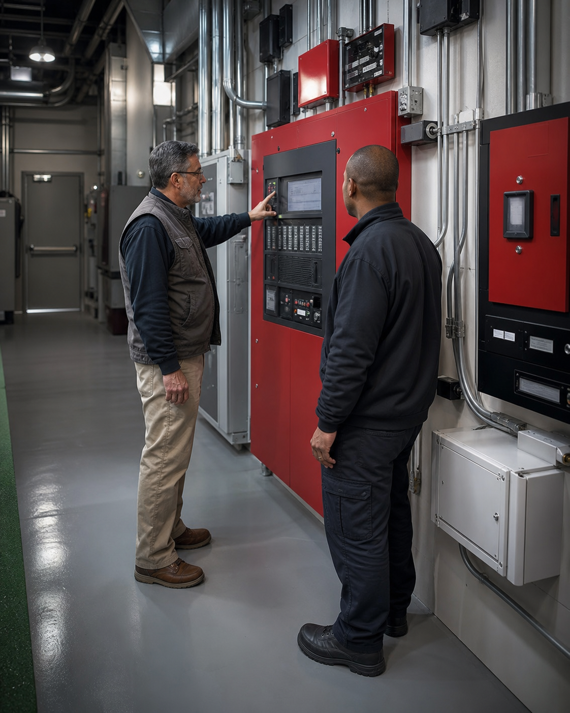 Building engineer and fire guard reviewing fire alarm equipment during a planned system impairment.