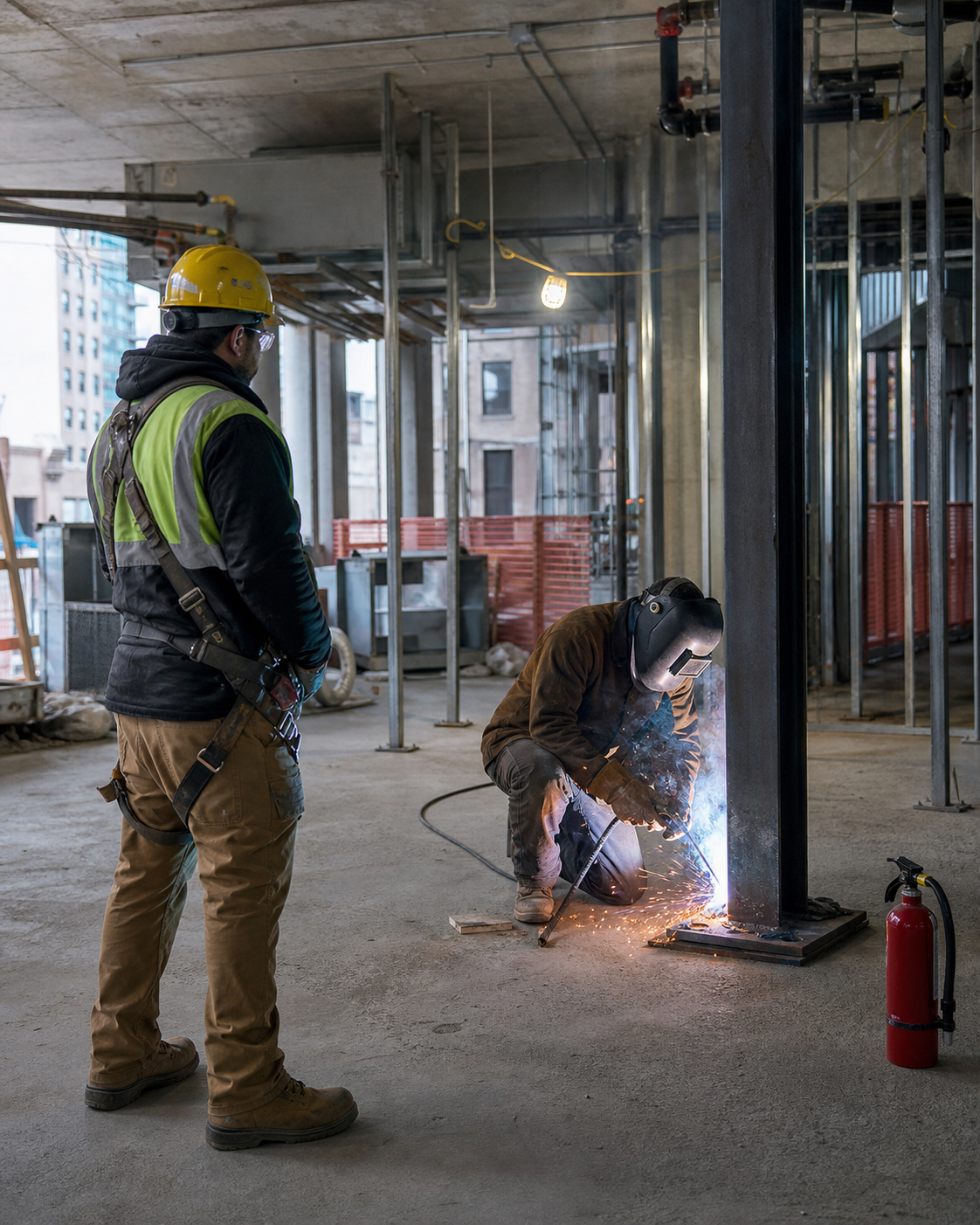 Fire guard monitoring hot work inside a New York City commercial construction site.
