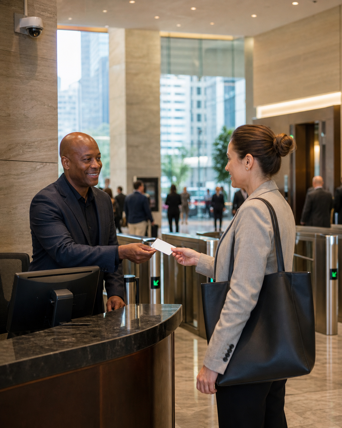 Unarmed security guard checking a visitor credential at a Manhattan office lobby desk.
