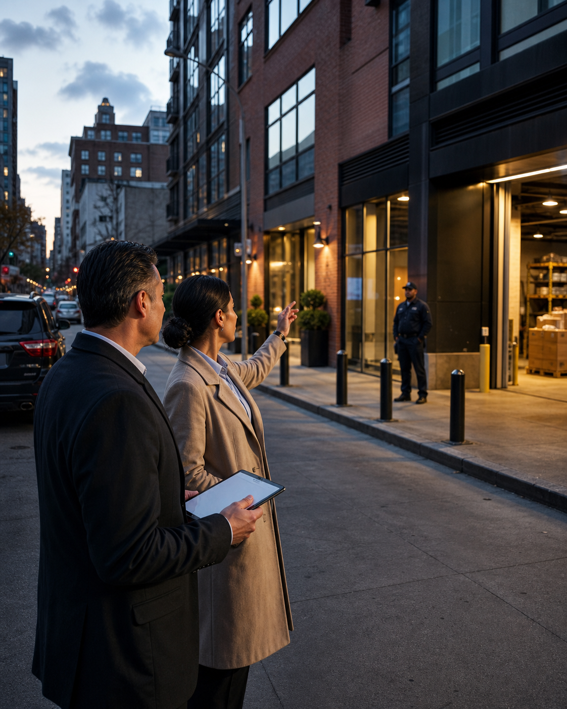 Security consultant and property manager assessing entrances and lighting outside a Manhattan building at night.
