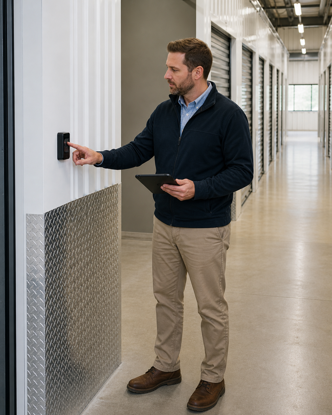 Property manager inspecting an electronic access-control reader in a self-storage corridor.