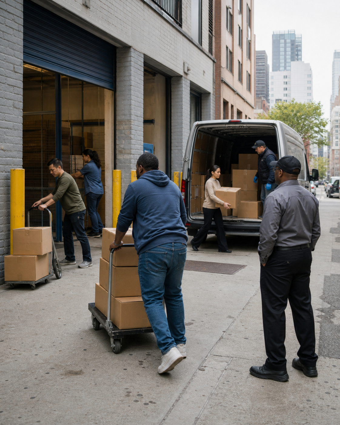 Customers unloading boxes at a self-storage loading area while a security officer monitors access.