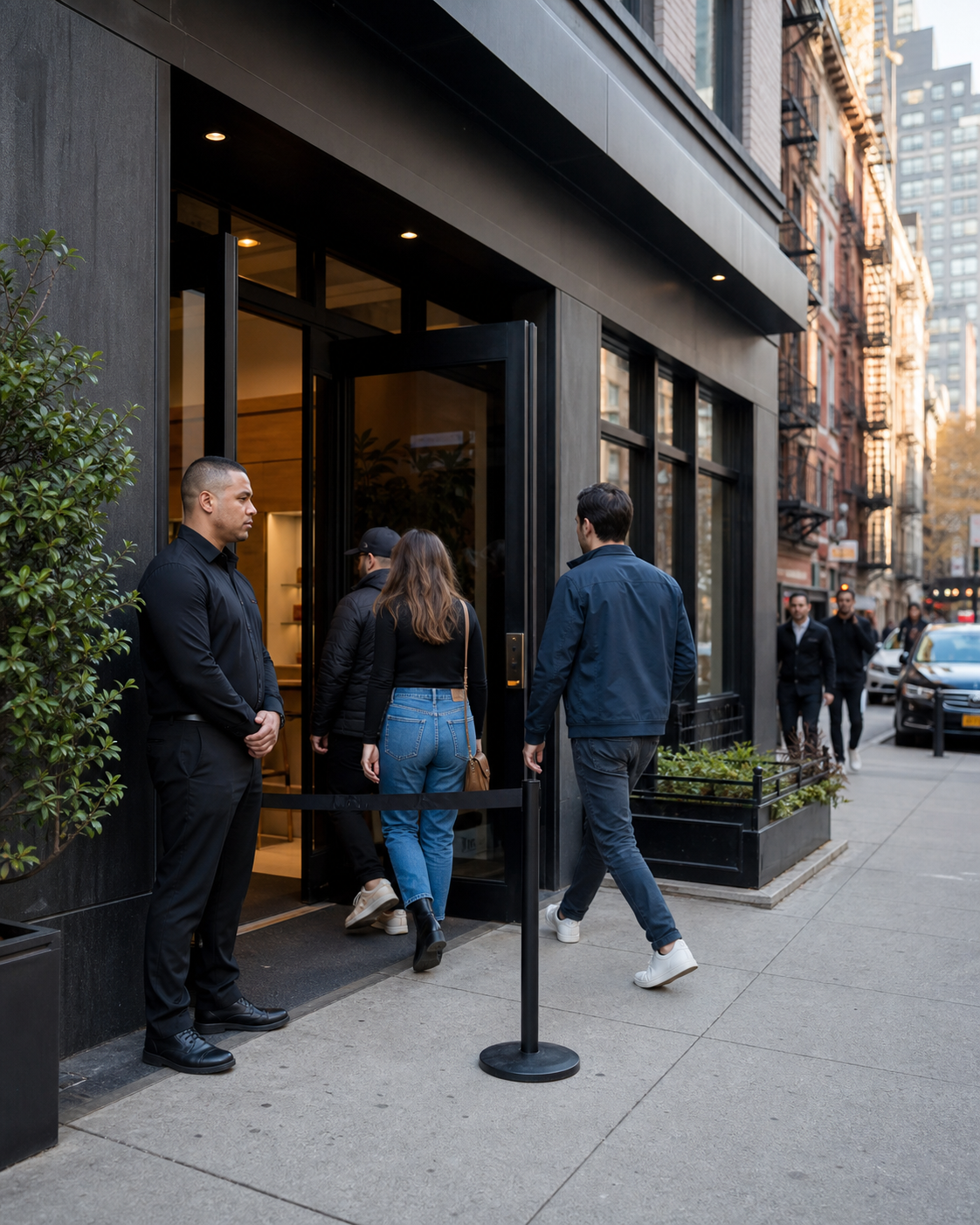 Security professional monitoring the controlled entrance of a Manhattan cannabis dispensary.