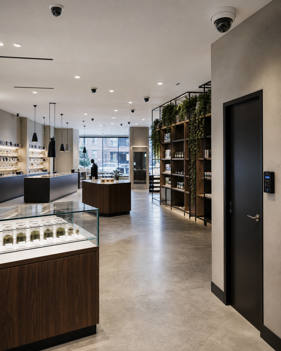 Surveillance cameras and a restricted-access door inside a New York City cannabis dispensary.