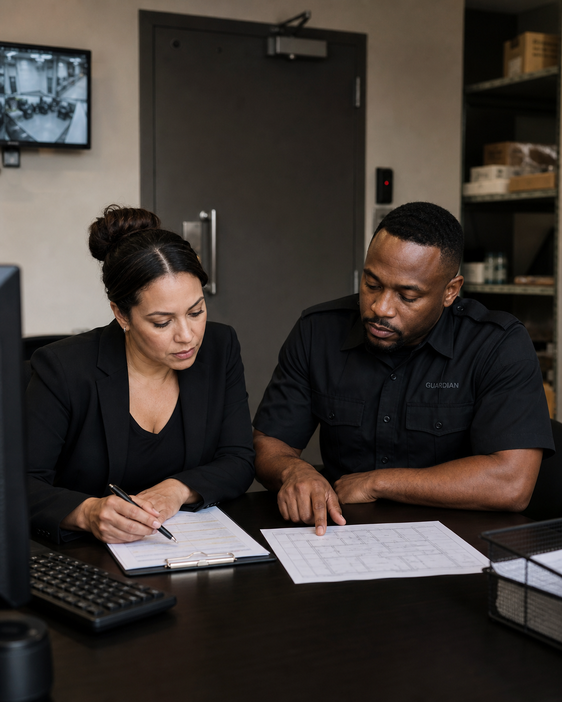 Dispensary manager and security officer reviewing site procedures in a secure back office.