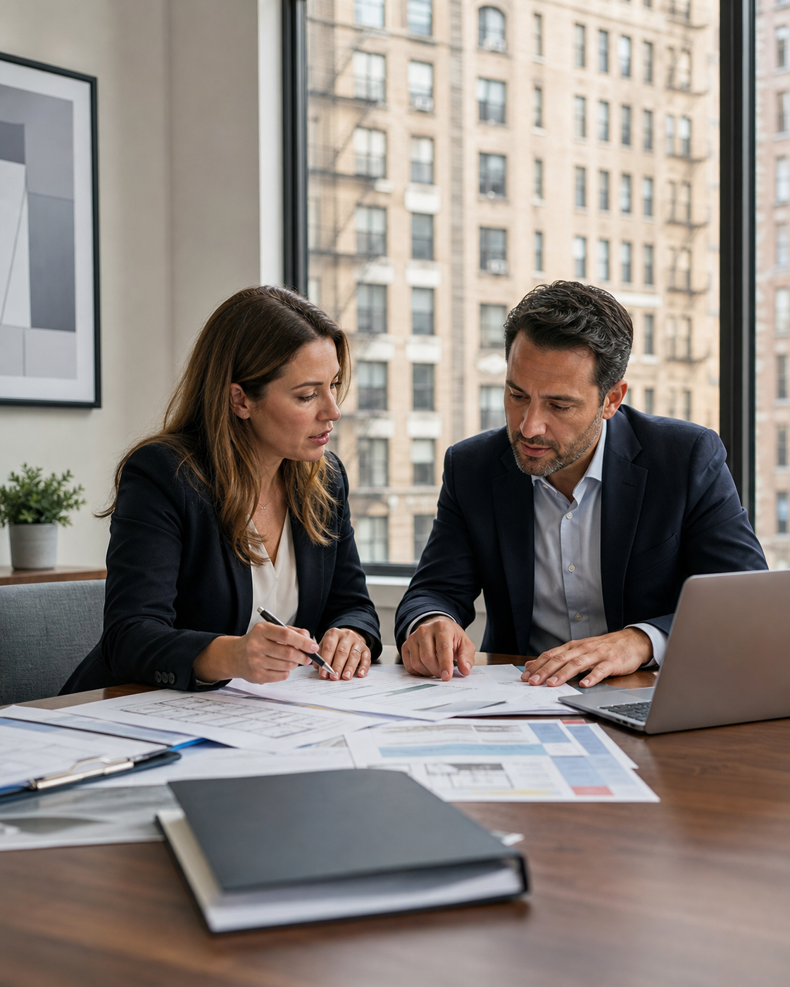 Property manager and compliance adviser reviewing affordable-housing agreements and guard staffing requirements.