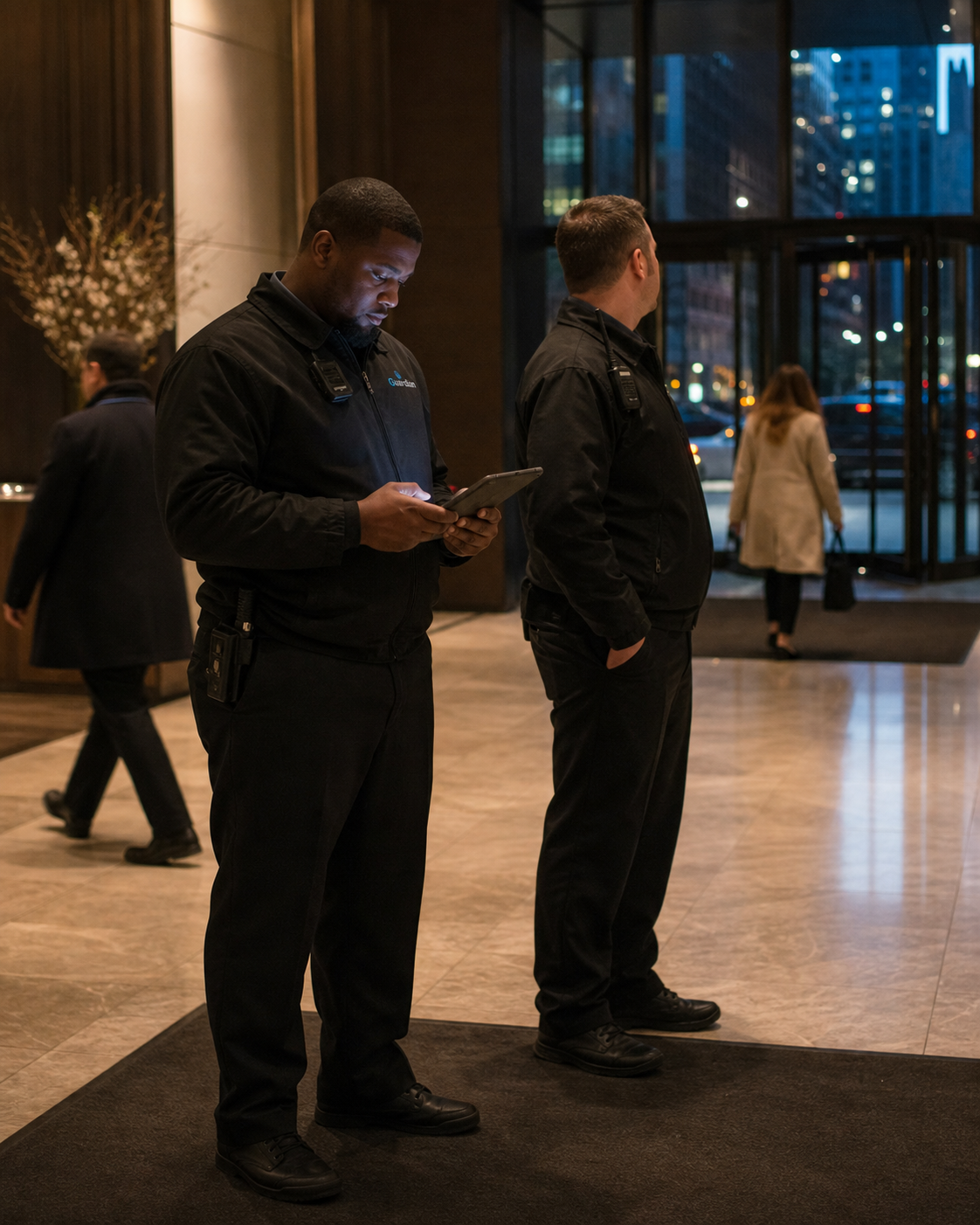 Residential security guards completing an evening shift handoff and reviewing timekeeping in a Manhattan lobby.