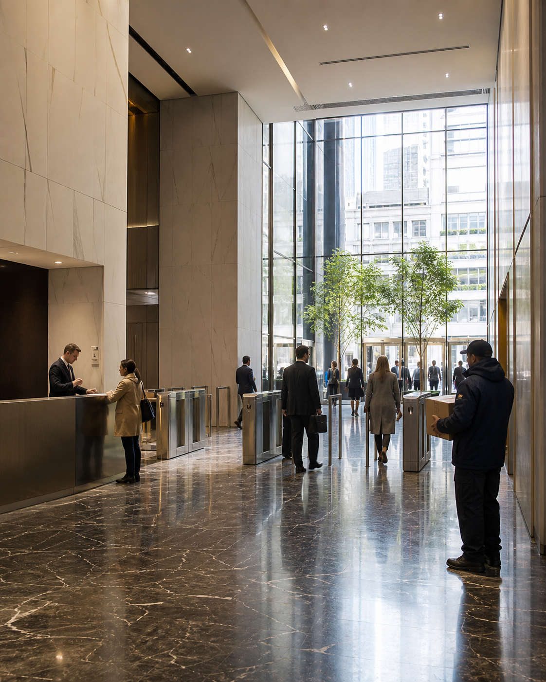 Visitor check-in and access-control operations in a busy Midtown Manhattan commercial lobby.