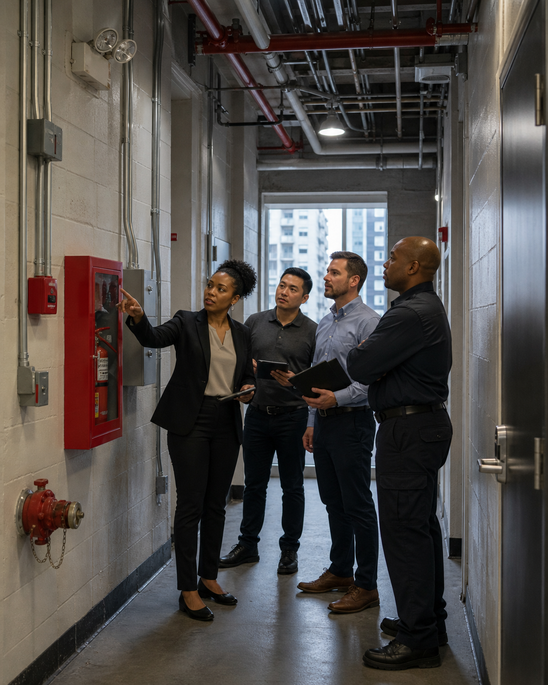 Building operations team conducting an emergency-readiness walkthrough in a Manhattan high-rise.