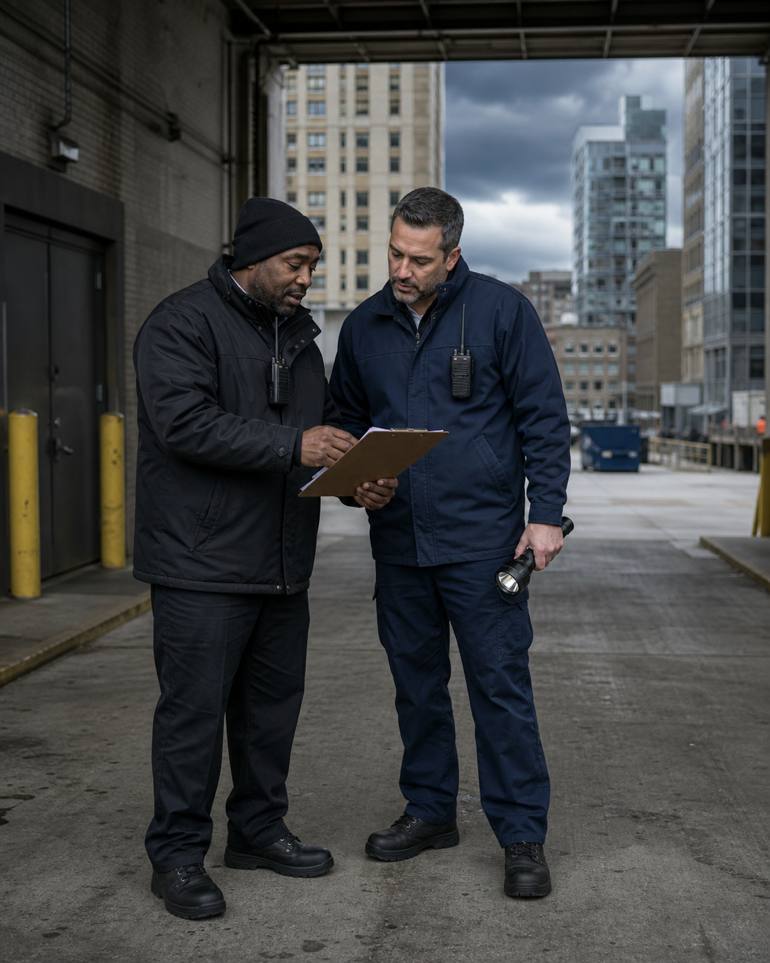 Security supervisor and building engineer reviewing severe-weather preparations at a commercial loading dock.