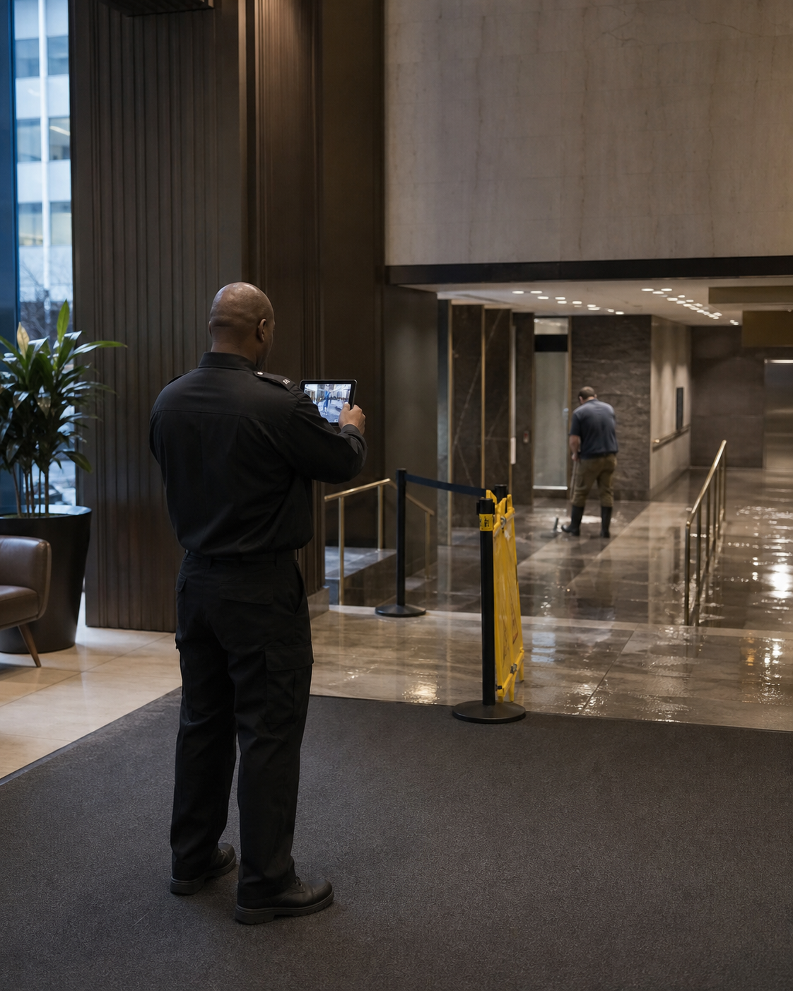 Security officer documenting a restricted lower-level corridor after severe weather while facilities staff inspect the area.