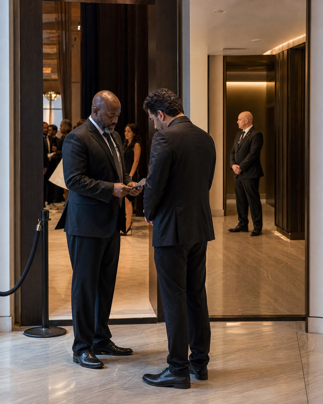 A private security guard checks a guest credential while another guard monitors a restricted venue corridor.