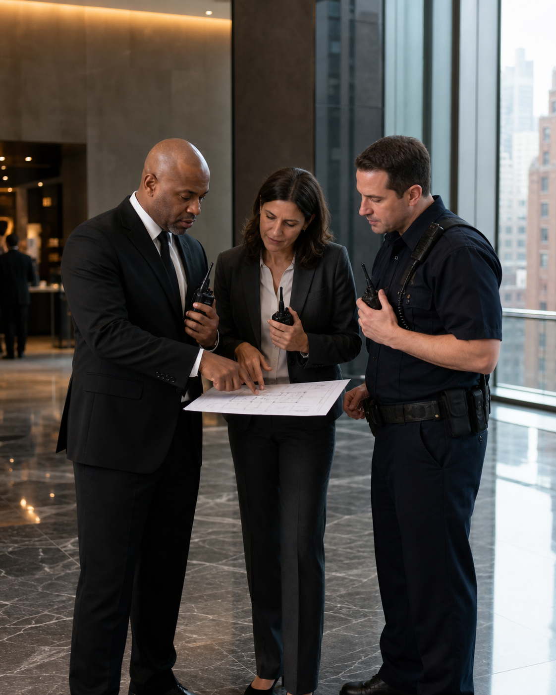 An event security supervisor coordinates response procedures with a venue manager and police liaison.