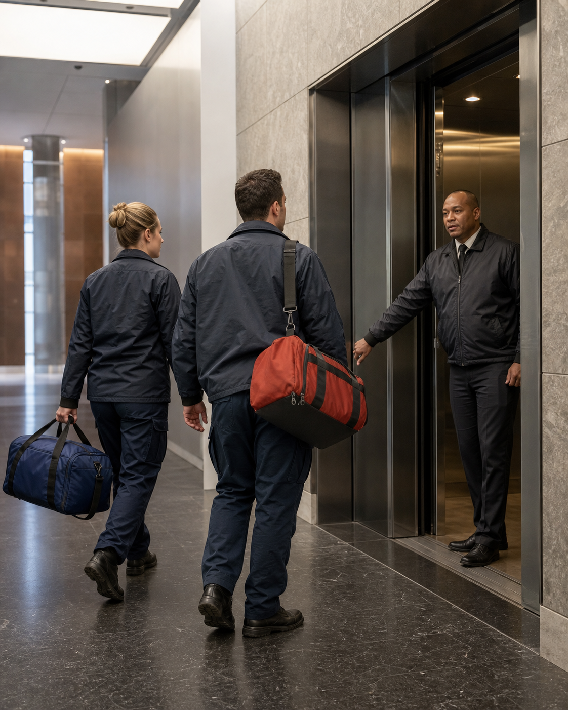 Security guard providing service-elevator access to EMS personnel in a New York high-rise lobby