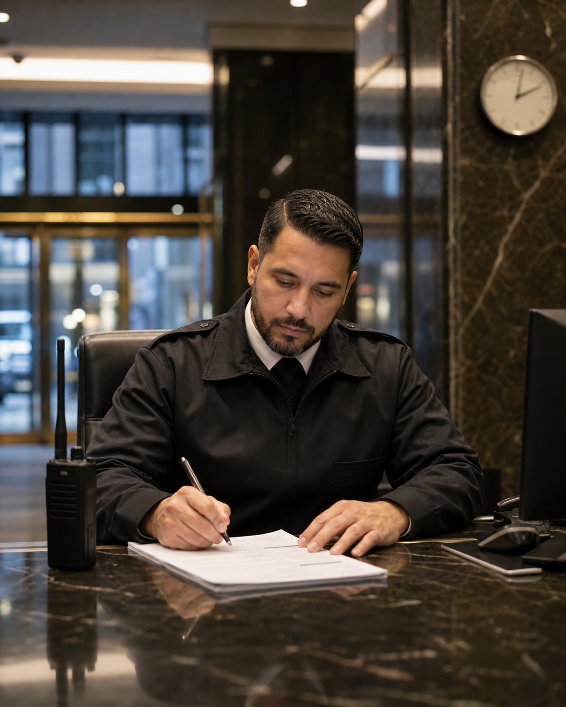 Security guard documenting an emergency-response timeline at a Manhattan building desk