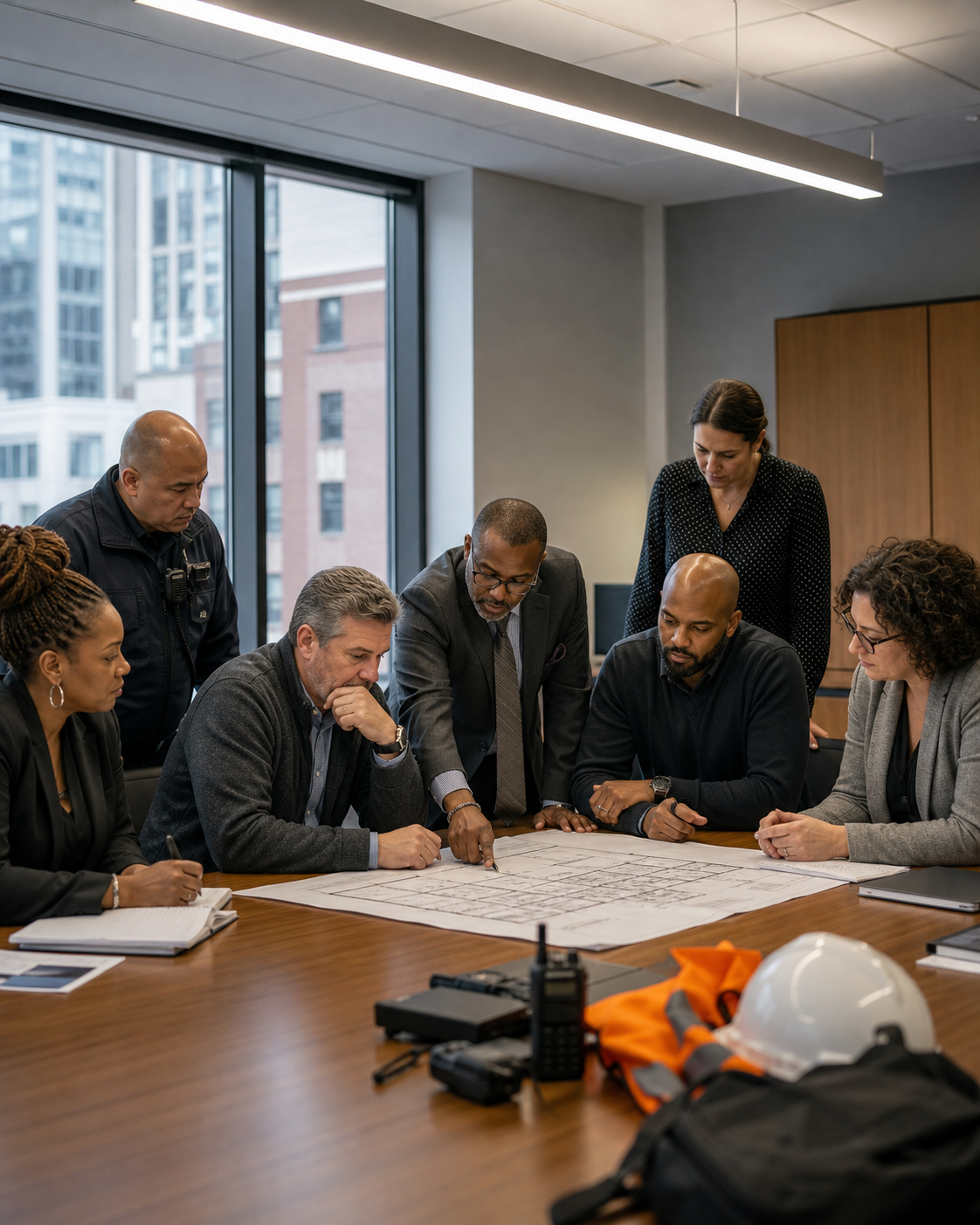 School administrators and security personnel reviewing emergency plans in a conference room.