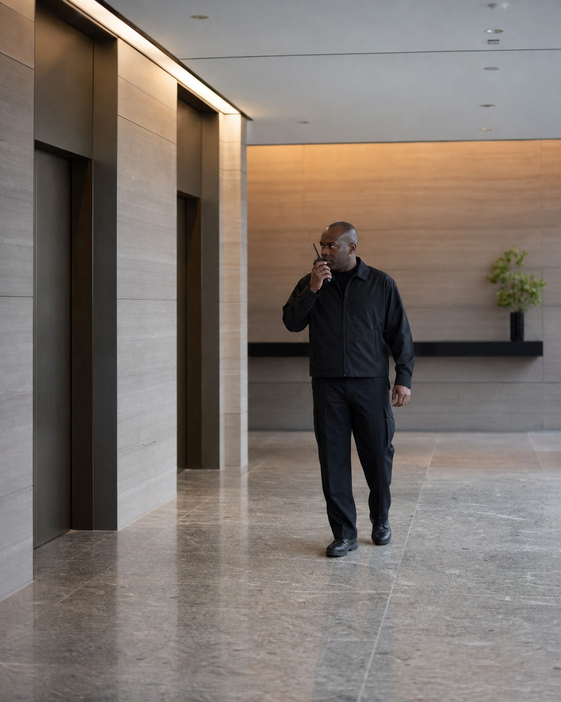 Commercial building security officer making a radio check near an elevator lobby before continuing a patrol.