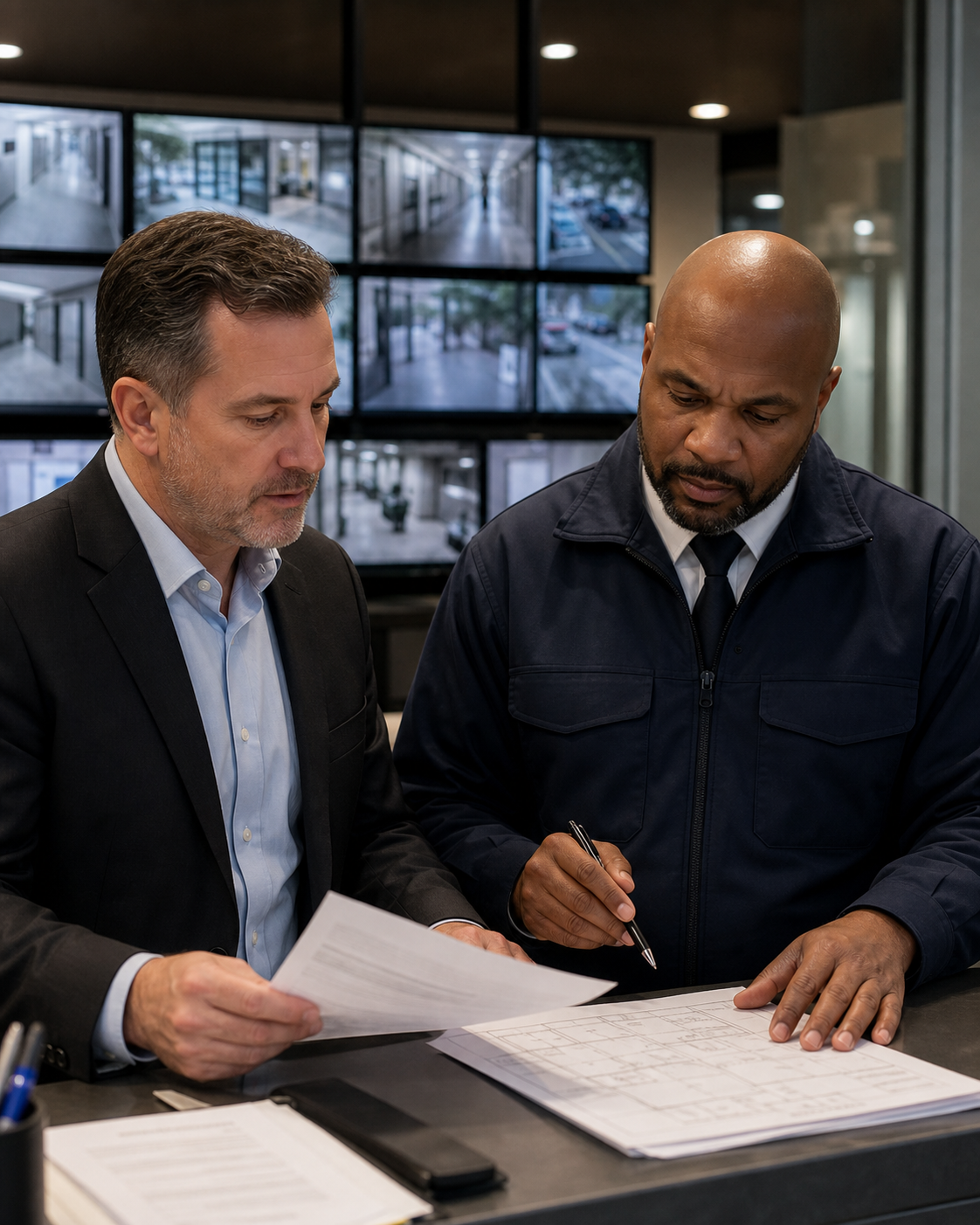 Property manager and security supervisor reviewing patrol records and response procedures at a building security desk.
