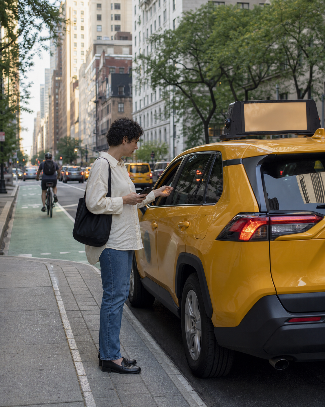 Passenger checking a yellow taxi before entering from the curb side on a Manhattan street.