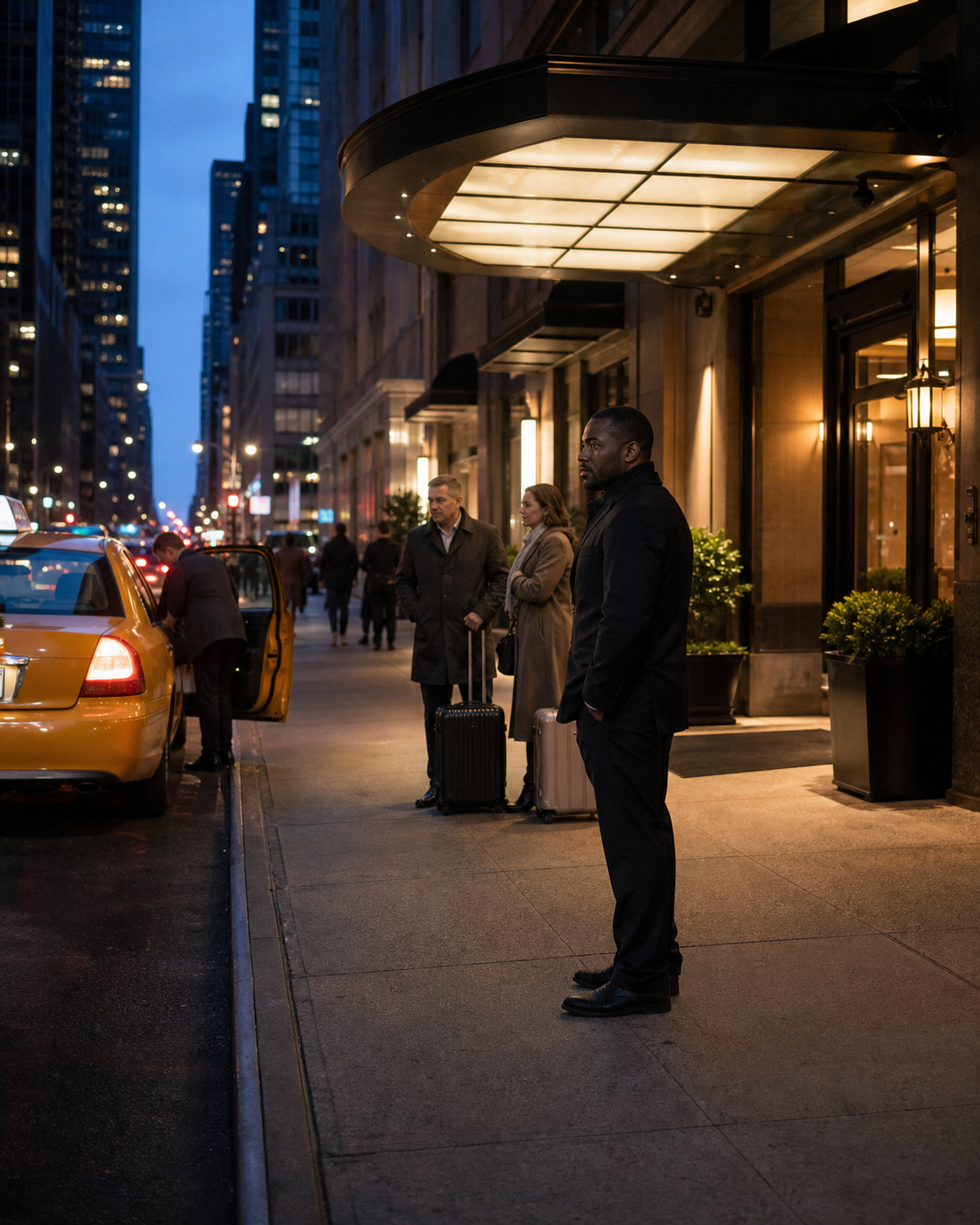 Security professional monitoring an orderly evening taxi pickup area outside a Manhattan hotel.
