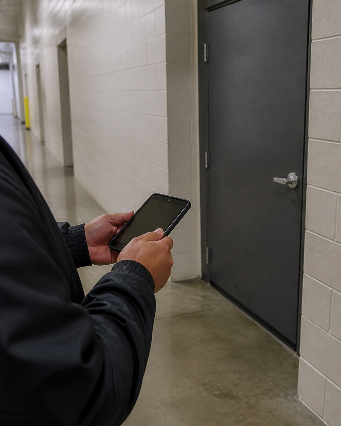 Security officer documenting a patrol beside a secured service-area door.